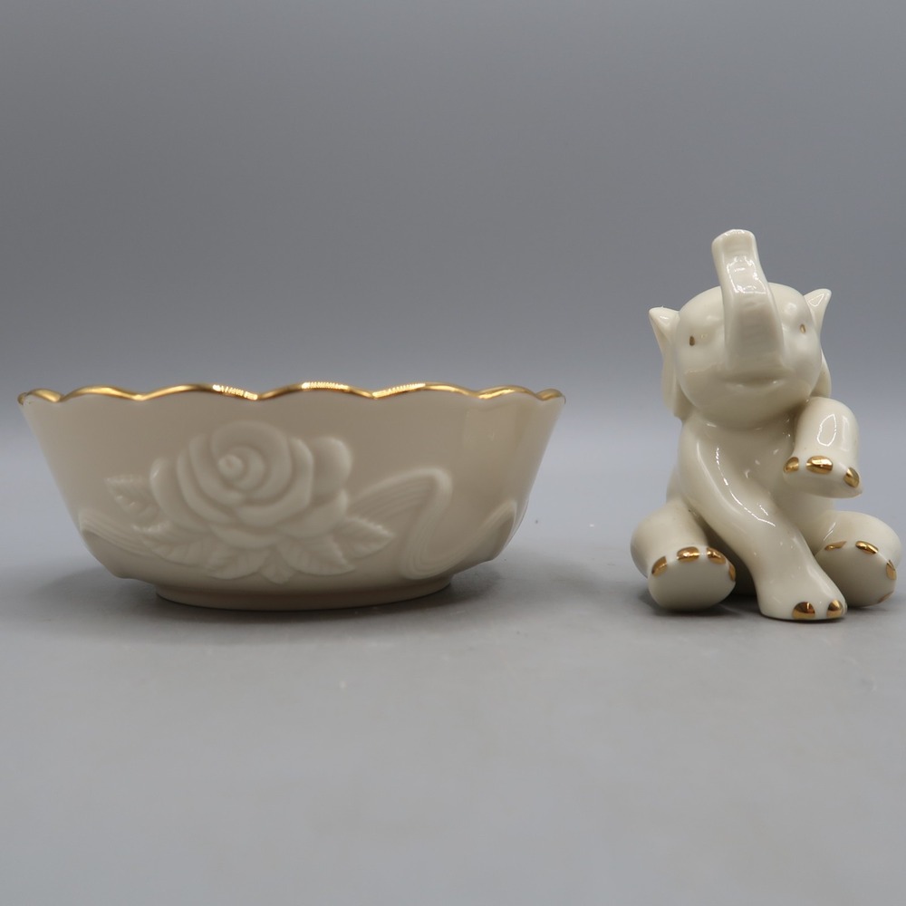 Lenox Small Rosebud Bowl Embossed Scalloped with Gold Trim with Elephant lot